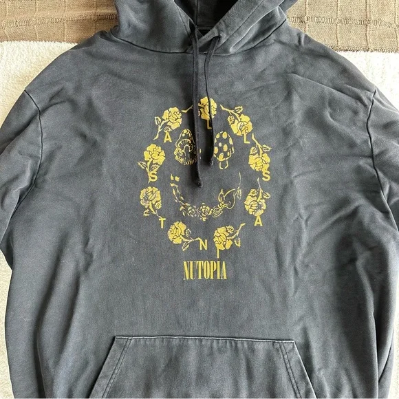 All Saints Nutopia faded black/dark charcoal grey Hoodie with Yellow Graphic - Picture 1 of 4